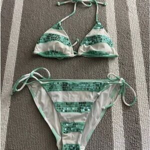 Victorias Secret Swim Bikini 2 Piece Set sequins striped Triangle Sz Small XS